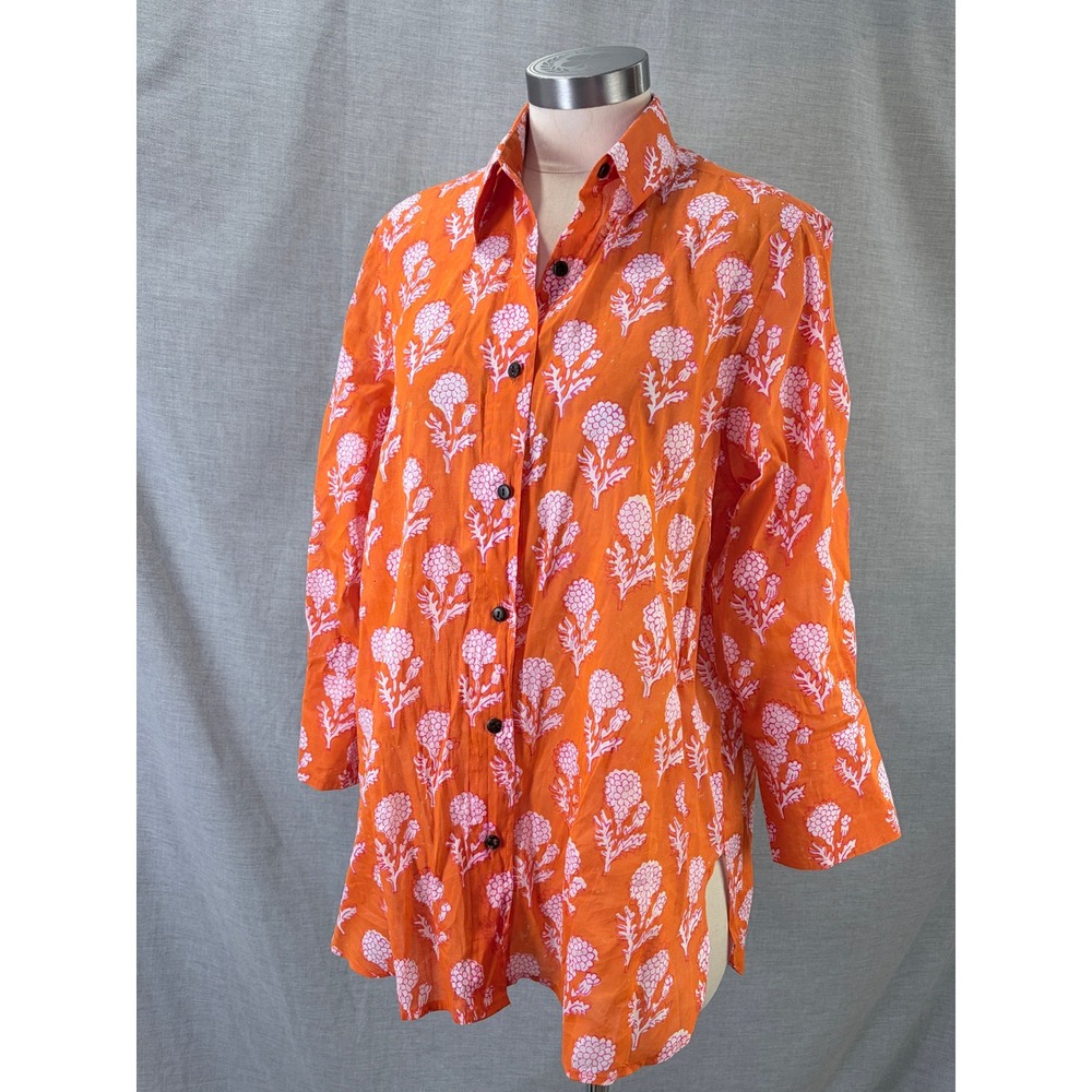Aurum Orange Pink Block Print Tunic Shirt Oversized Artisan Boho L/XL